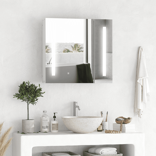 kleankin Armário com Espelho de Casa de Banho com Luz LED Armário de Casa de Banho Suspenso com 2 Portas e Interruptor Tátil Estilo Moderno 70x15x65 cm Branco