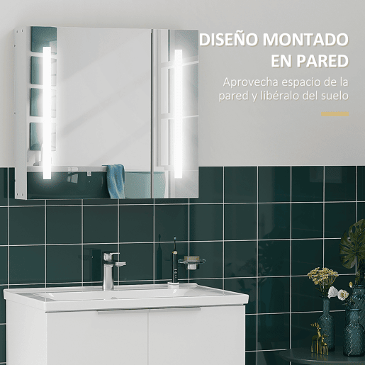kleankin Armário com Espelho de Casa de Banho com Luz LED Armário de Casa de Banho Suspenso com 2 Portas e Interruptor Tátil Estilo Moderno 70x15x65 cm Branco