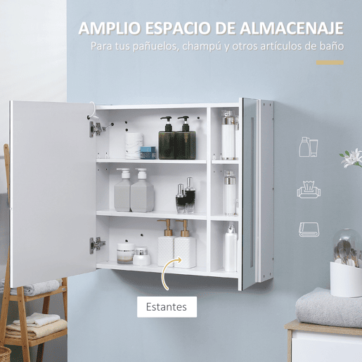 kleankin Armário com Espelho de Casa de Banho com Luz LED Armário de Casa de Banho Suspenso com 2 Portas e Interruptor Tátil Estilo Moderno 70x15x65 cm Branco