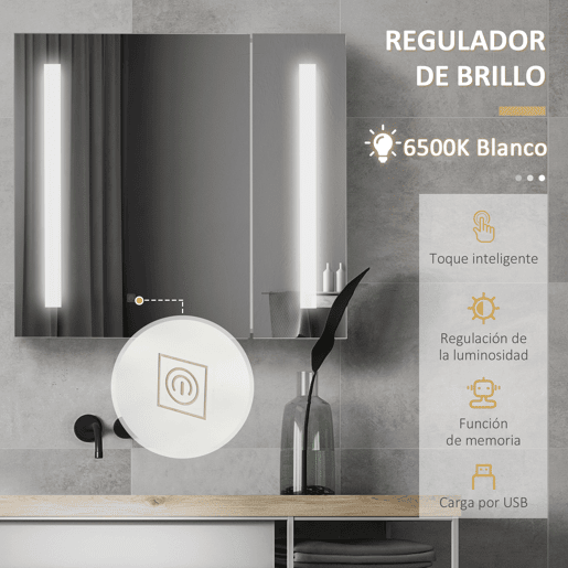 kleankin Armário com Espelho de Casa de Banho com Luz LED Armário de Casa de Banho Suspenso com 2 Portas e Interruptor Tátil Estilo Moderno 70x15x65 cm Branco