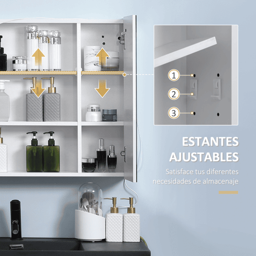 kleankin Armário com Espelho de Casa de Banho com Luz LED Armário de Casa de Banho Suspenso com 2 Portas e Interruptor Tátil Estilo Moderno 70x15x65 cm Branco