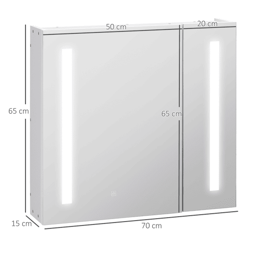kleankin Armário com Espelho de Casa de Banho com Luz LED Armário de Casa de Banho Suspenso com 2 Portas e Interruptor Tátil Estilo Moderno 70x15x65 cm Branco
