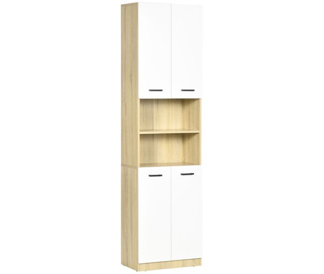 Kleankin columna auxiliar de baño armario alto de baño con 4 puertas 2 estantes abiertos y estantes ajustables estilo moderno para salón 53x33,5x195,7 cm blanco y roble
