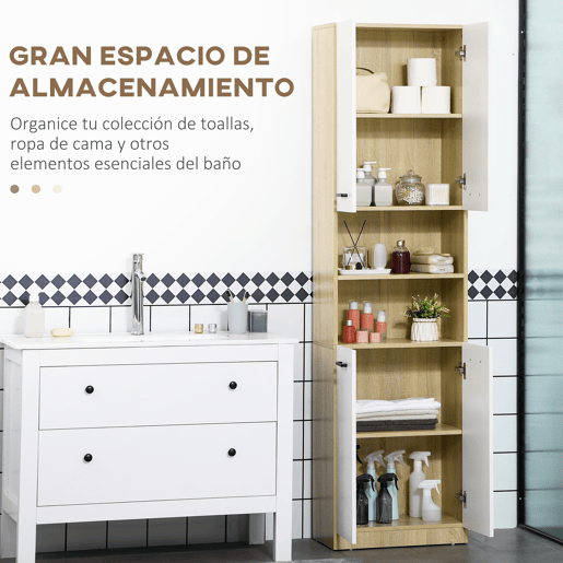 kleankin Coluna Casa de Banho Auxiliar Armário Alto Casa de Banho com 4 Portas 2 Prateleiras Abertas e Prateleiras Ajustáveis Estilo Moderno para Sala de Estar 53x33,5x195,7 cm Branco e Madeira