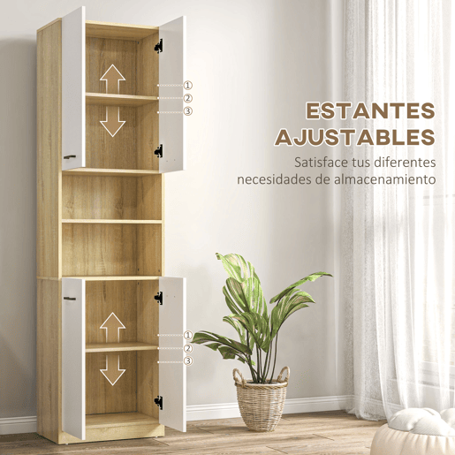 kleankin Coluna Casa de Banho Auxiliar Armário Alto Casa de Banho com 4 Portas 2 Prateleiras Abertas e Prateleiras Ajustáveis Estilo Moderno para Sala de Estar 53x33,5x195,7 cm Branco e Madeira