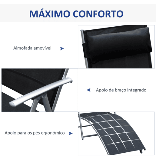 Outsunny Conjunto de 2 Espreguiçadeiras Dobráveis Espreguiçadeiras de Jardim com Encosto Ajustável Almofada e Apoio de Braço Carga 165 kg para Piscina Terraço Campismo 137x63,5x100,5 cm Preto