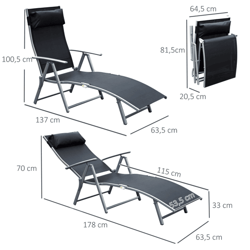 Outsunny Conjunto de 2 Espreguiçadeiras Dobráveis Espreguiçadeiras de Jardim com Encosto Ajustável Almofada e Apoio de Braço Carga 165 kg para Piscina Terraço Campismo 137x63,5x100,5 cm Preto