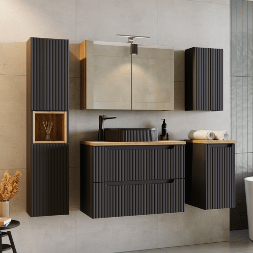 Móvel lavatório 80cm 2 gavetas plano Riva Preto e Madeira
