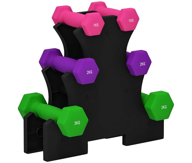 Sportnow juego de mancuernas 12kg total, 2 x1kg 2 x2kg 2 x3kg, set de mancuernas hexagonal con soporte de almacenamiento para ejercicio, entrenamiento