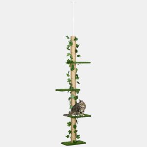 PawHut Árvore para Gatos do Chão ao Teto 37x21x202-242 cm Torre Arranhador para Gatos com Altura Ajustável 4 Plataformas de Relva Artificial Folhas Artificiais e Poste de Juta Verde