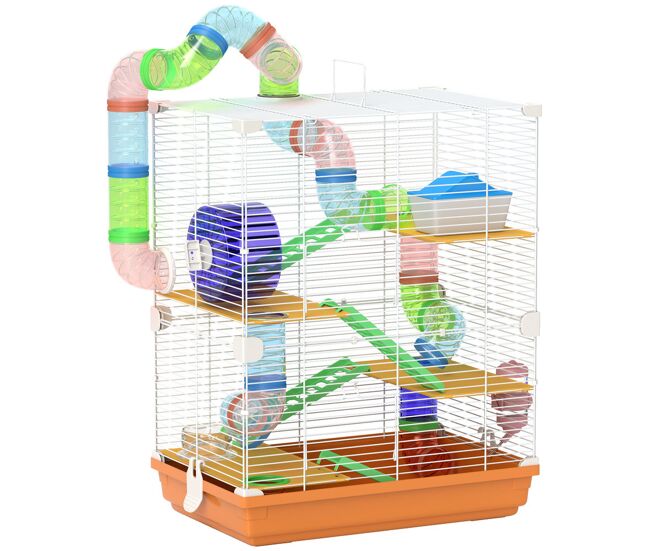 Pawhut jaula para hámster de 5 niveles, casa para roedores pequeños con túnel, plataformas, cuenco, bebedero, casita, rampas y rueda de ejercicio, para jerbos, 46x30x58 cm, naranja