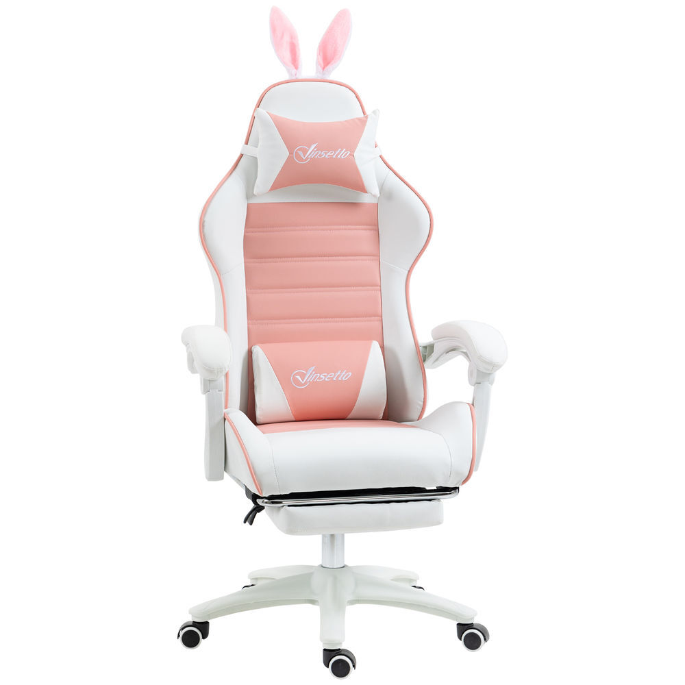 Vinsetto silla gaming ergonómica reclinable 135°, silla gamer racing de cuero pu con soporte lumbar, altura ajustable, orejas conejo, reposacabezas, reposapiés retráctil para oficina, estudio, rosa