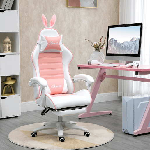 Vinsetto Cadeira Gaming Profissional Cadeira Gamer Giratória de Couro PU com Altura Ajustável Inclinável 135° Apoio para a Cabeça e Apoio para os Pés para Escritório 65x63x136-142 cm Rosa e Preto