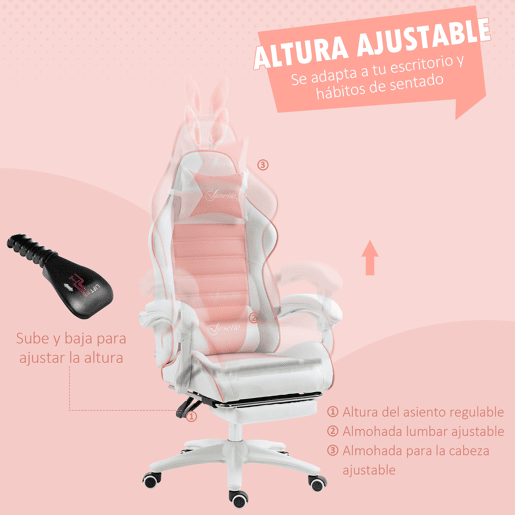 Vinsetto Cadeira Gaming Profissional Cadeira Gamer Giratória de Couro PU com Altura Ajustável Inclinável 135° Apoio para a Cabeça e Apoio para os Pés para Escritório 65x63x136-142 cm Rosa e Preto