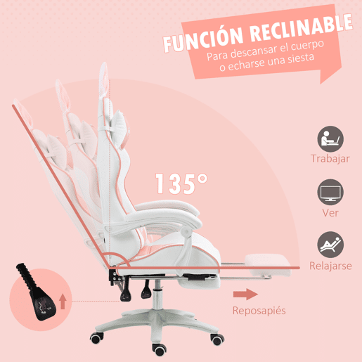 Vinsetto Cadeira Gaming Profissional Cadeira Gamer Giratória de Couro PU com Altura Ajustável Inclinável 135° Apoio para a Cabeça e Apoio para os Pés para Escritório 65x63x136-142 cm Rosa e Preto