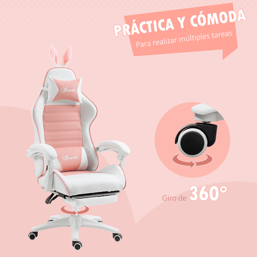 Vinsetto Cadeira Gaming Profissional Cadeira Gamer Giratória de Couro PU com Altura Ajustável Inclinável 135° Apoio para a Cabeça e Apoio para os Pés para Escritório 65x63x136-142 cm Rosa e Preto
