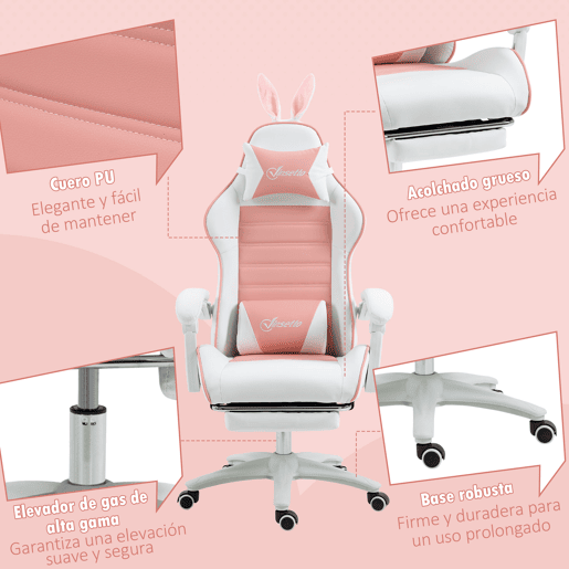Vinsetto Cadeira Gaming Profissional Cadeira Gamer Giratória de Couro PU com Altura Ajustável Inclinável 135° Apoio para a Cabeça e Apoio para os Pés para Escritório 65x63x136-142 cm Rosa e Preto