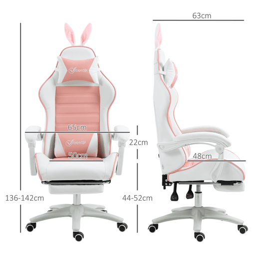 Vinsetto Cadeira Gaming Profissional Cadeira Gamer Giratória de Couro PU com Altura Ajustável Inclinável 135° Apoio para a Cabeça e Apoio para os Pés para Escritório 65x63x136-142 cm Rosa e Preto