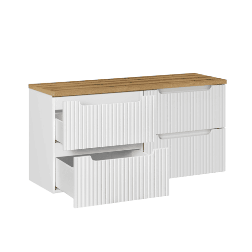 Móvel sob-lavatório 120cm 4 gavetas bancada Riva Branco e Madeira