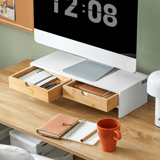 SoBuy BBF02-WN Suporte para monitor com 2 gavetas Branco e Natural