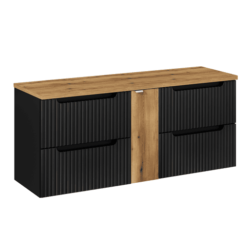 Móvel de lavatório 140cm 4 gavetas plano de toilete Riva Preto e Madeira