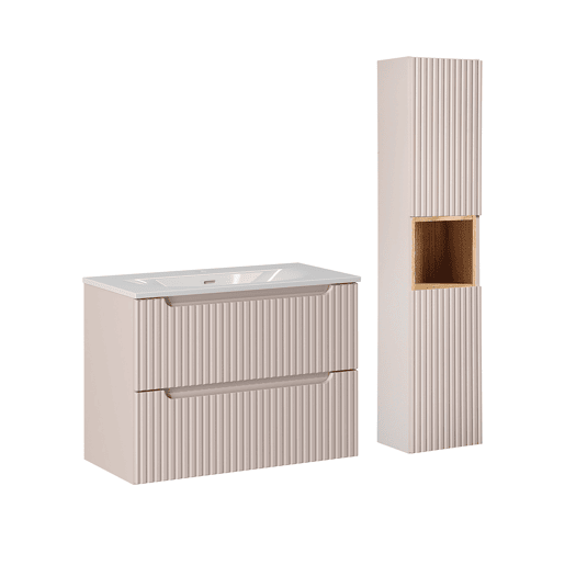 Lavatório individual 80cm 2 gavetas e pedestal Riva Caxemira e Madeira