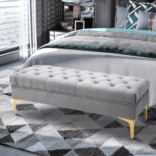 HOMCOM Banco de Pé de Cama com Assento Acolchoado e Pés Metálicos Banco de Quarto para Entrada Corredor Capacidade 120 kg 118x45x42 cm Cinza