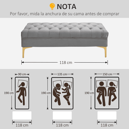 HOMCOM Banco de Pé de Cama com Assento Acolchoado e Pés Metálicos Banco de Quarto para Entrada Corredor Capacidade 120 kg 118x45x42 cm Cinza