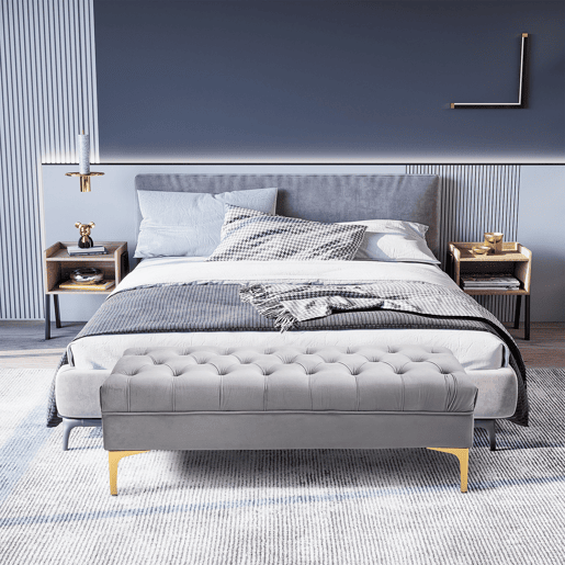 HOMCOM Banco de Pé de Cama com Assento Acolchoado e Pés Metálicos Banco de Quarto para Entrada Corredor Capacidade 120 kg 118x45x42 cm Cinza