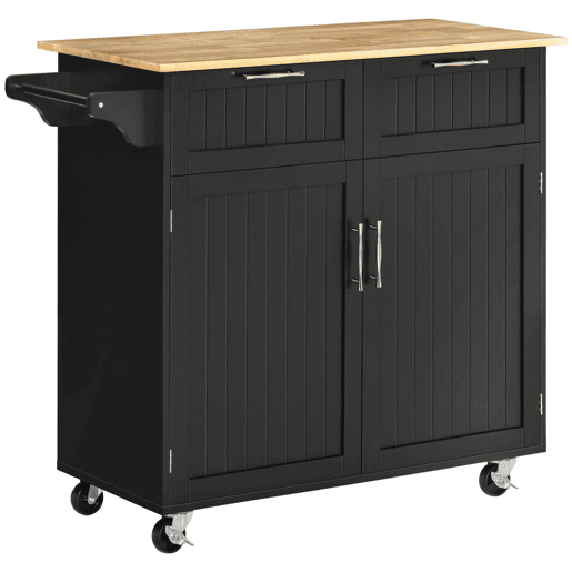 HOMCOM Carrinho de Cozinha com Rodas Móvel Auxiliar de Cozinha com 2 Gavetas 2 Portas Prateleira Ajustável e Suporte para Guardanapos para Sala de Jantar Sala de Estar 104x46x91 cm Preto