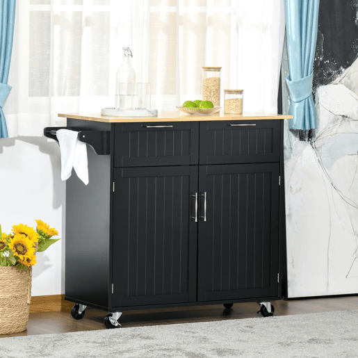 HOMCOM Carrinho de Cozinha com Rodas Móvel Auxiliar de Cozinha com 2 Gavetas 2 Portas Prateleira Ajustável e Suporte para Guardanapos para Sala de Jantar Sala de Estar 104x46x91 cm Preto