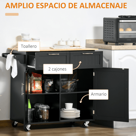 HOMCOM Carrinho de Cozinha com Rodas Móvel Auxiliar de Cozinha com 2 Gavetas 2 Portas Prateleira Ajustável e Suporte para Guardanapos para Sala de Jantar Sala de Estar 104x46x91 cm Preto