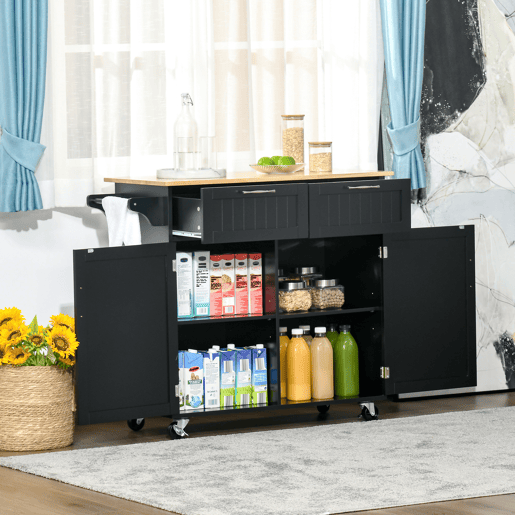 HOMCOM Carrinho de Cozinha com Rodas Móvel Auxiliar de Cozinha com 2 Gavetas 2 Portas Prateleira Ajustável e Suporte para Guardanapos para Sala de Jantar Sala de Estar 104x46x91 cm Preto