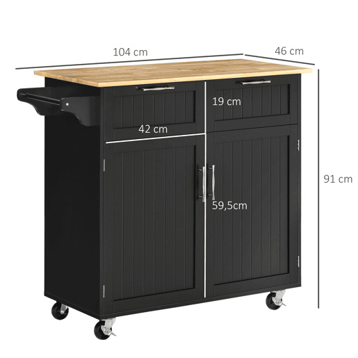 HOMCOM Carrinho de Cozinha com Rodas Móvel Auxiliar de Cozinha com 2 Gavetas 2 Portas Prateleira Ajustável e Suporte para Guardanapos para Sala de Jantar Sala de Estar 104x46x91 cm Preto