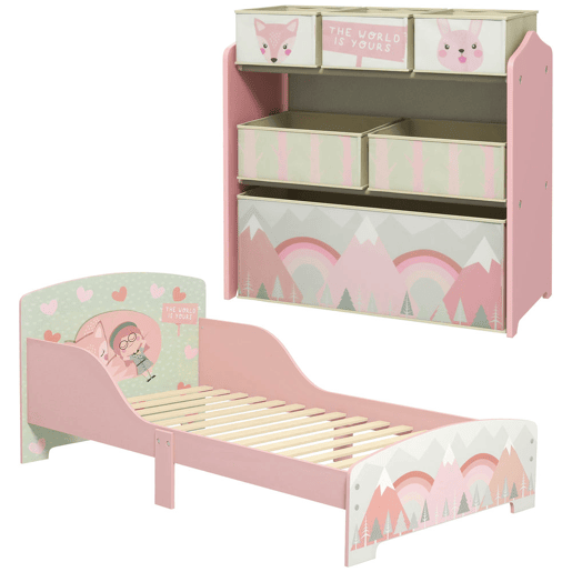 ZONEKIZ Conjunto para Crianças Inclui 1 Cama Infantil de Madeira com Barreiras de Proteção e 1 Organizador de Brinquedos com 6 Caixas de Tecido não Tecido Amovíveis Rosa