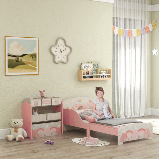 ZONEKIZ Conjunto para Crianças Inclui 1 Cama Infantil de Madeira com Barreiras de Proteção e 1 Organizador de Brinquedos com 6 Caixas de Tecido não Tecido Amovíveis Rosa