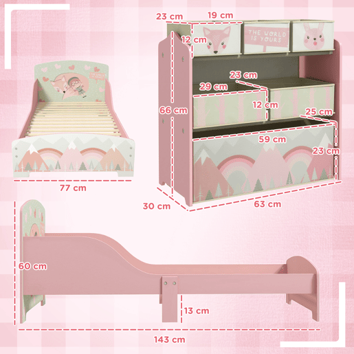 ZONEKIZ Conjunto para Crianças Inclui 1 Cama Infantil de Madeira com Barreiras de Proteção e 1 Organizador de Brinquedos com 6 Caixas de Tecido não Tecido Amovíveis Rosa