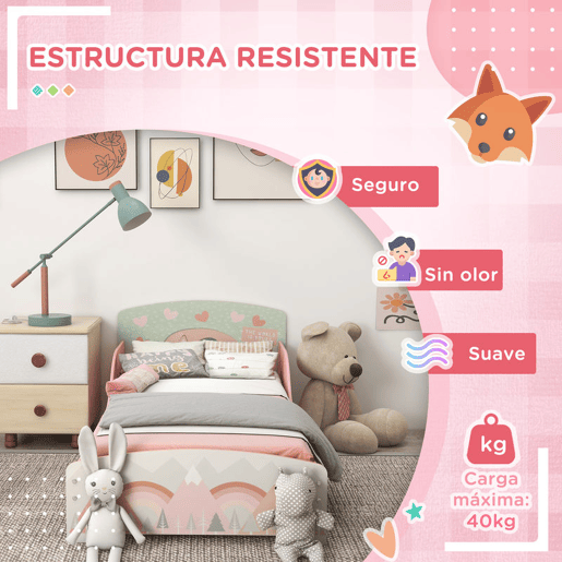 ZONEKIZ Conjunto para Crianças Inclui 1 Cama Infantil de Madeira com Barreiras de Proteção e 1 Organizador de Brinquedos com 6 Caixas de Tecido não Tecido Amovíveis Rosa