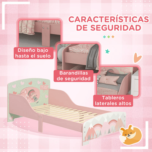 ZONEKIZ Conjunto para Crianças Inclui 1 Cama Infantil de Madeira com Barreiras de Proteção e 1 Organizador de Brinquedos com 6 Caixas de Tecido não Tecido Amovíveis Rosa