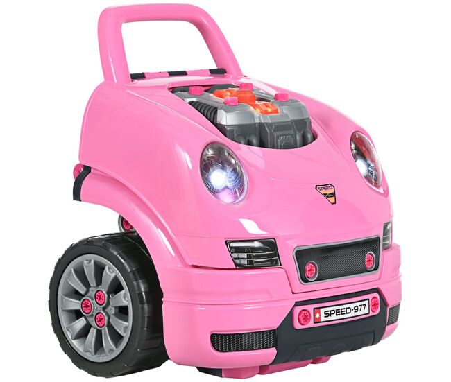 Homcom motor de camión para niños de +3 años conjunto de motor de juguete con 61 piezas volante bocina faros caja de almacenaje y ruedas 40x39x47 cm rosa