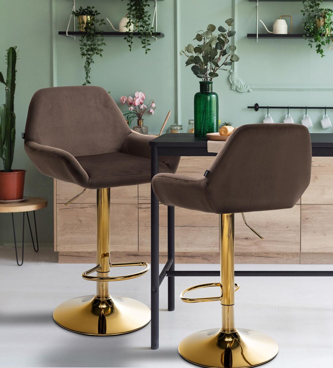Taburete de bar braga en terciopelo con marco dorado marrón 52x51x89 cm