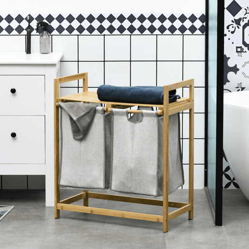 HOMCOM Cesto de Roupa de Bambu Cesto de Roupa Suja com 2 Bolsas Amovíveis e 2 Prateleiras Carga 20 kg 2x40,6L para Casa de Banho Dormitório 64x33x73 cm Madeira