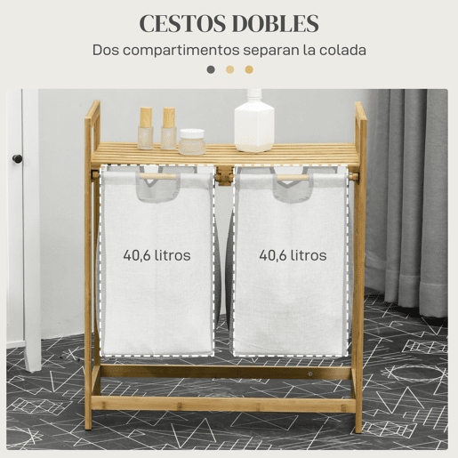 HOMCOM Cesto de Roupa de Bambu Cesto de Roupa Suja com 2 Bolsas Amovíveis e 2 Prateleiras Carga 20 kg 2x40,6L para Casa de Banho Dormitório 64x33x73 cm Madeira