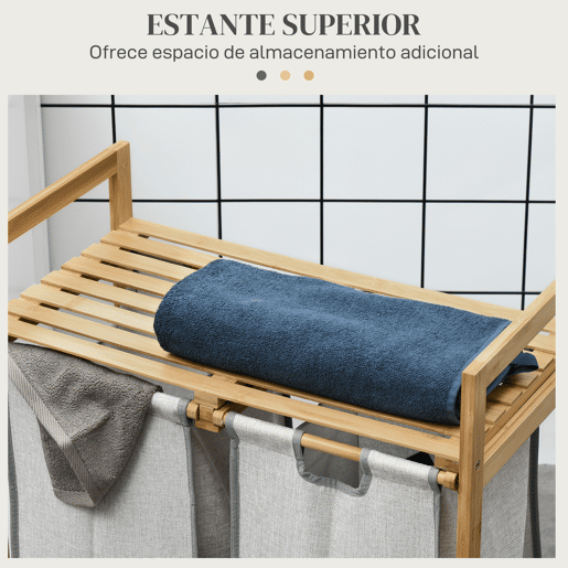HOMCOM Cesto de Roupa de Bambu Cesto de Roupa Suja com 2 Bolsas Amovíveis e 2 Prateleiras Carga 20 kg 2x40,6L para Casa de Banho Dormitório 64x33x73 cm Madeira