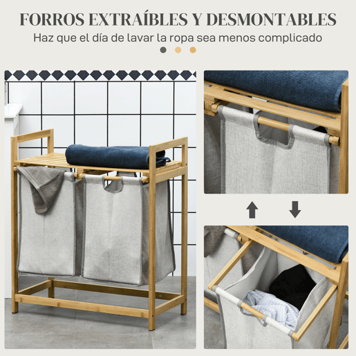 HOMCOM Cesto de Roupa de Bambu Cesto de Roupa Suja com 2 Bolsas Amovíveis e 2 Prateleiras Carga 20 kg 2x40,6L para Casa de Banho Dormitório 64x33x73 cm Madeira