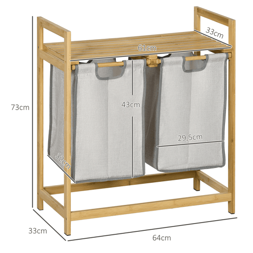 HOMCOM Cesto de Roupa de Bambu Cesto de Roupa Suja com 2 Bolsas Amovíveis e 2 Prateleiras Carga 20 kg 2x40,6L para Casa de Banho Dormitório 64x33x73 cm Madeira
