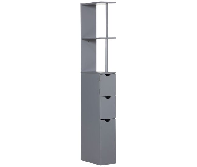 Homcom columna auxiliar de baño estrecha armario alto de baño moderno mueble auxiliar con 2 estantes 2 cajones y 1 puerta antivuelco 15x33x136,8 cm gris