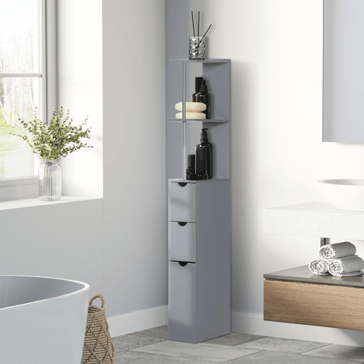 HOMCOM Coluna Estreita de Casa de Banho Armário Alto Moderno com 2 Prateleiras, 2 Gavetas e 1 Porta Anti-queda 15x33x136,8 cm Cinzento