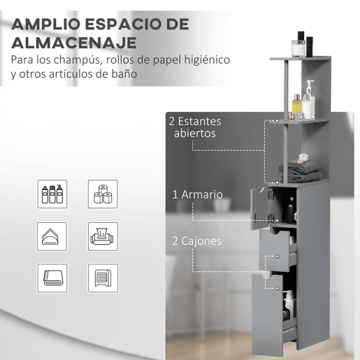 HOMCOM Coluna Estreita de Casa de Banho Armário Alto Moderno com 2 Prateleiras, 2 Gavetas e 1 Porta Anti-queda 15x33x136,8 cm Cinzento
