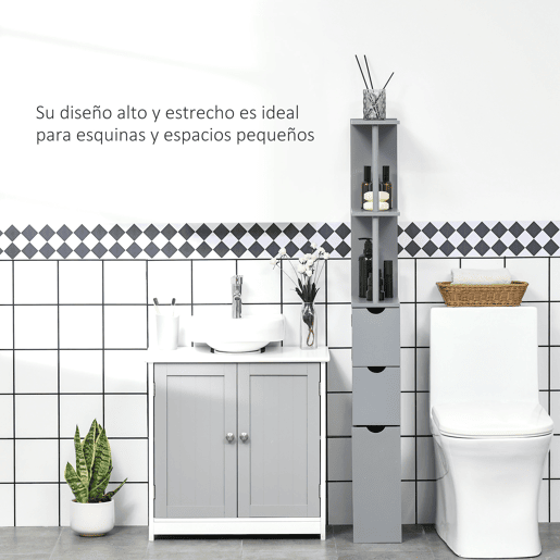 HOMCOM Coluna Estreita de Casa de Banho Armário Alto Moderno com 2 Prateleiras, 2 Gavetas e 1 Porta Anti-queda 15x33x136,8 cm Cinzento